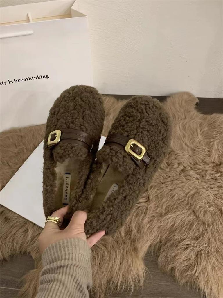 2025 новая осенне-зимняя теплая обувь из овечьей шерсти и хлопка с начесом, женская верхняя одежда, корейская версия, нежные педали, шерстяные туфли