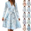Women's Fashion Casual V-Neck Long Sleeve Waist Floral Print Midi Dress