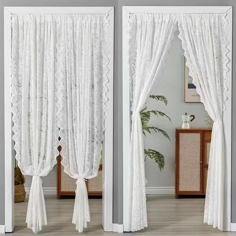 Lace Polyester Mosquito Proof Door Net Screen Hanging Door Curtain Side Fly Free-punch Vintage Lace Curtains Romantic Semi Sheer Floral Lacy Curtain