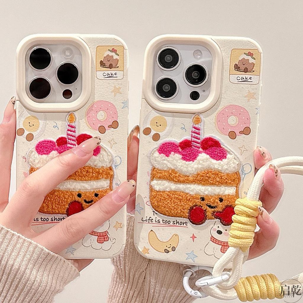 Leather Cartoon Embroidery Cake for IPhone16/15 Mobile Phone Case for Apple 14/13 Promax Lanyard 12