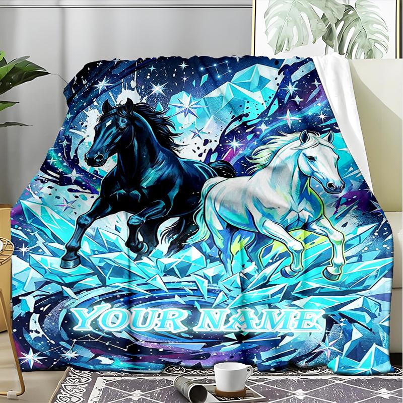 1PC Custom Name Ethereal Horses Crystal Dreams flannel blanket versatile,all-season throw suitable for the living room,bedroom,camping,travel,and gift