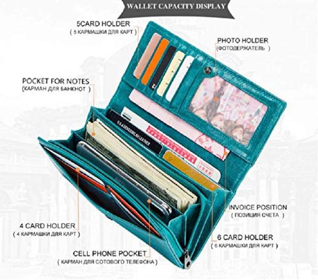 [КОНТАКТЫ] Женский кошелек из натуральной кожи с RFID и мультифункциями, тонкий кошелек-зажим на молнии, би-фолд, цвет бирюзовый
