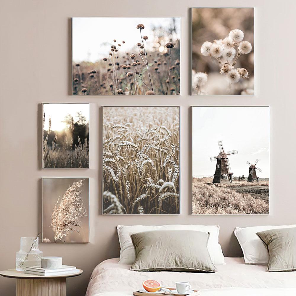 Hay Reed Wall Art Натуральный постер и принты Ветряная мельница Закат Скандинавская картина на холсте для спальни Настенная картина Украшение картин