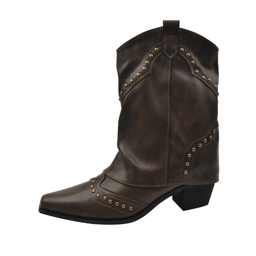 Retro Riveted Boots Womens Shoes Fashion Brown V-neck Western Cowboy Boots with Rivet Design Women's Boots Ladies Shoes