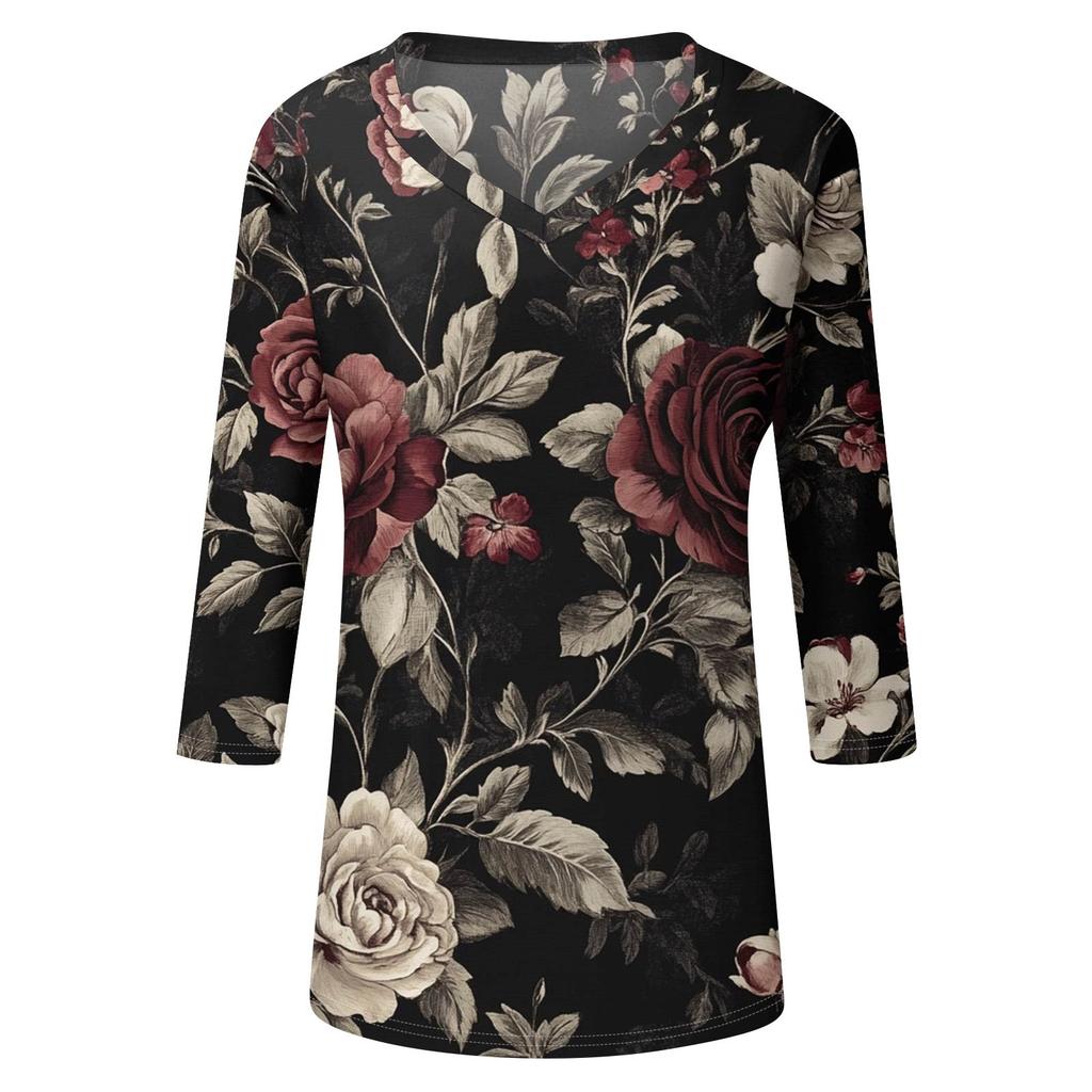 Женские топы, рубашка с рукавом три четверти, свободная повседневная рубашка с V-образным вырезом, футболка с цветочным принтом