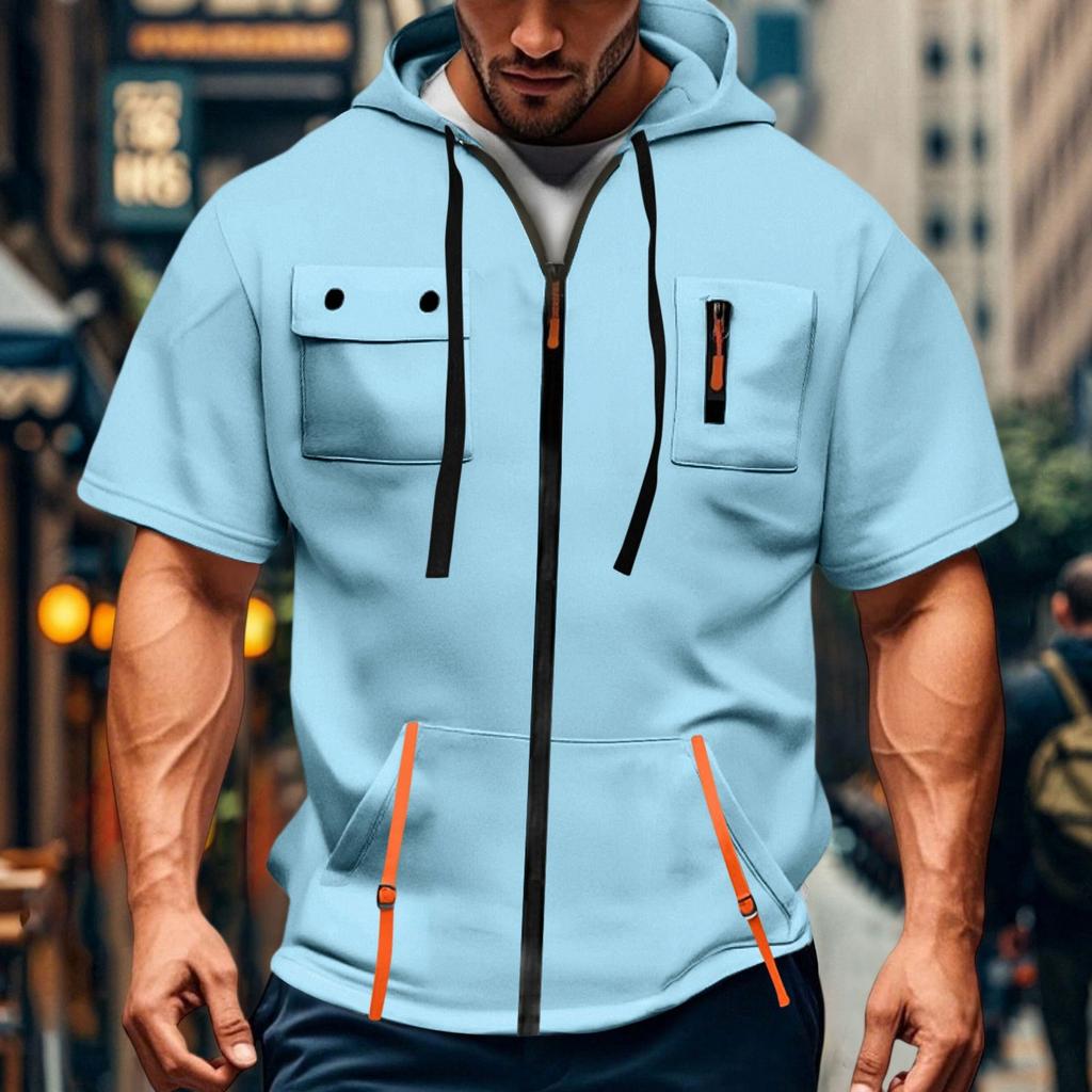 Men's Casual Short-sleeved Sweatshirt. Loose And Breathable Solid-color Sweatshirt Jacket With Multiple Pockets And A Zipper.