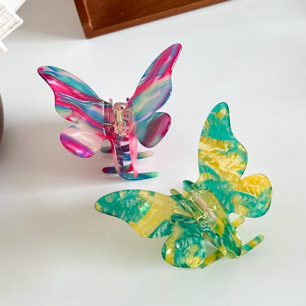 Elegant Butterfly Acetate Hair Claw Clip For Stylish Women In Marble Blue And Rainbow Colors