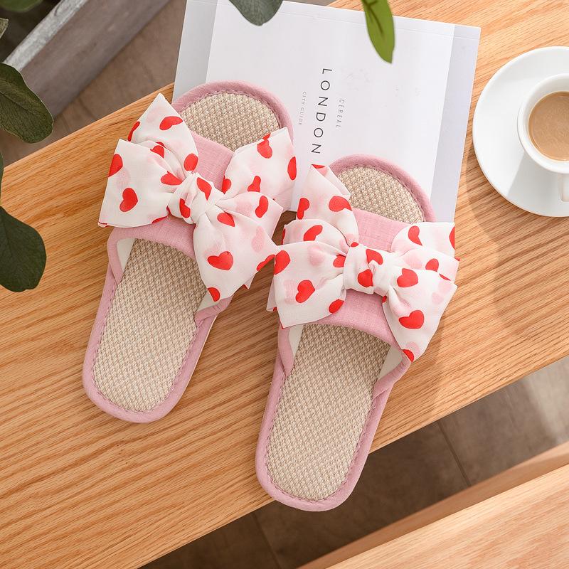 Elegant Home Linen Slippers Breathable Sandal Slippers Female Summer Indoor Fabric Slippers Love Bow Comfortable Slippers Home Shoes Slippers Pink