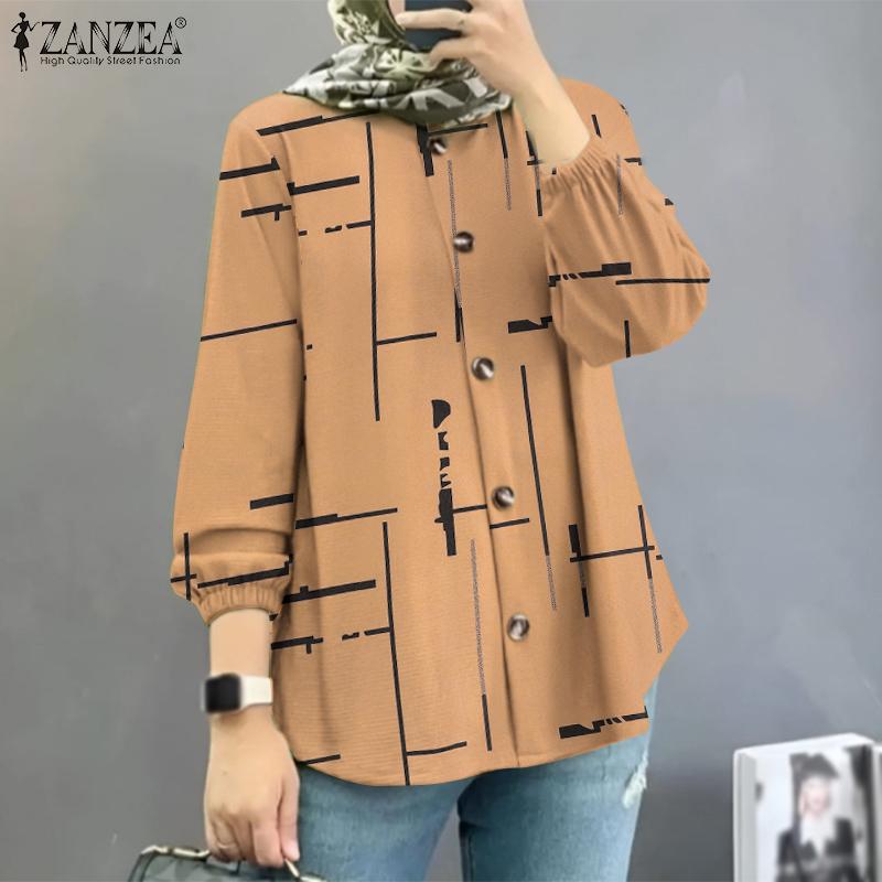 ZANZEA Женская повседневная блузка с длинным рукавом и круглым вырезом в стиле ретро с принтом