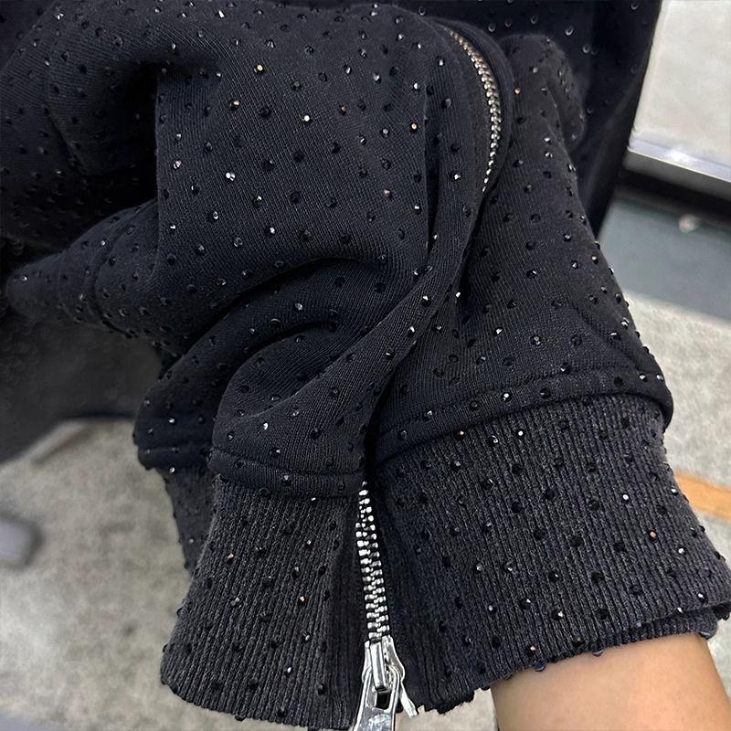 Women's Spring and Autumn Thin Section Loose Plus Size Black Zip Paragraph Diamond Hooded Jacket