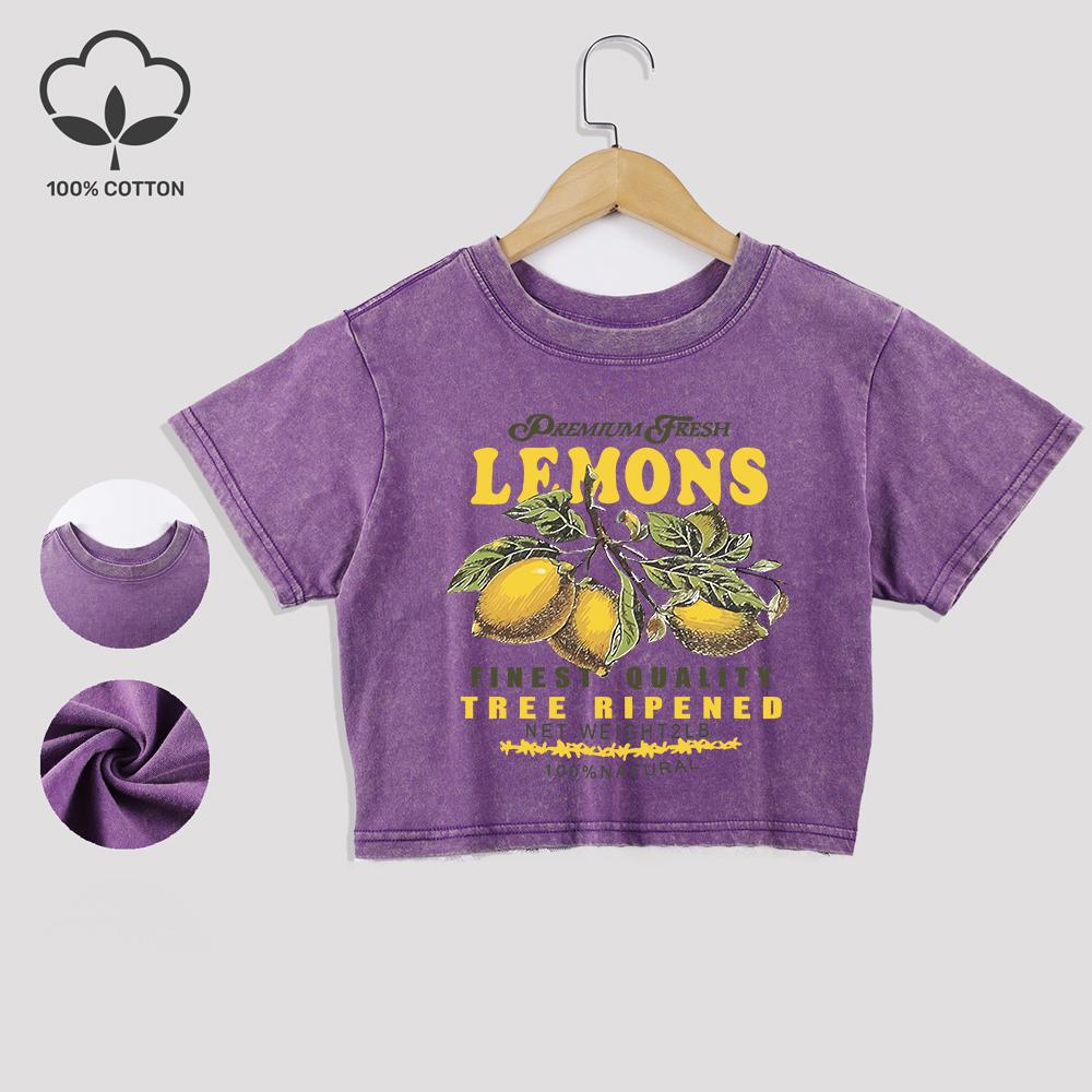 Премиальные футболки из стираного хлопка с принтом свежих лимонов, модные летние кроп-топы с кружевной отделкой, футболки с круглым вырезом обычной посадки, повседневная одежда