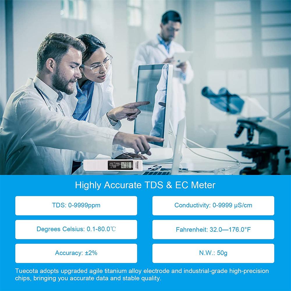 White Digital Water Quality Tester TDS EC Meter Range 0-9990 Multifunctional Water Purity Temperature Meter TEMP PPM Tester