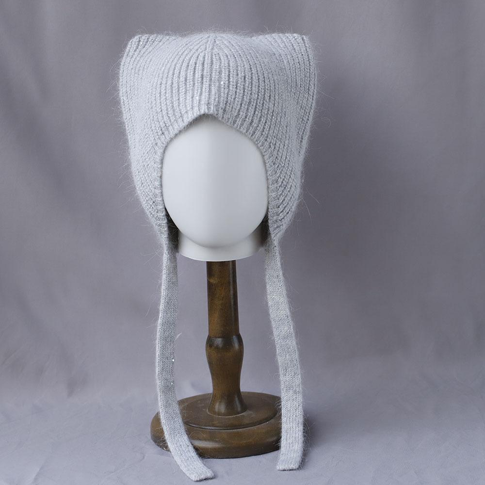 Милая защита ушей и теплая шапка из кроличьего пуха с кошачьими ушками, модная женская шапка на осень и зиму