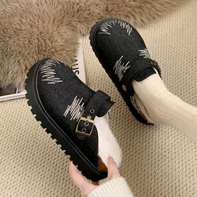 Вышитые холщовые меховые балетки женские тапочки на платформе мюли плюшевые хлопковые туфли повседневные шлепанцы трендовые зимние теплые туфли-лодочки