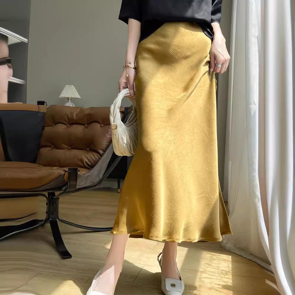 Женская плиссированная юбка-рыбий хвост из высококачественного шелка - лето 2024 г., однотонная, с высокой талией, с разрезом.