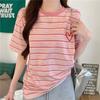 Модная розовая полосатая повседневная свободная базовая футболка 2025 года, летние простые футболки с коротким рукавом для женщин, футболка harajuku Kawaii для студентов, топы y2k