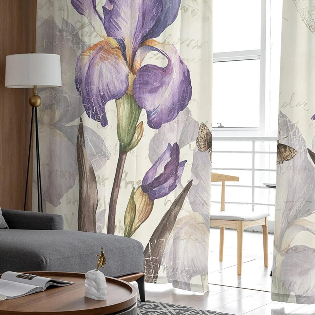 Vintage Iris Butterfly Rustic Sheer Curtains For Living Room Bedroom Tulle Curtain For Kitchen Voile Curtain Blind Panels