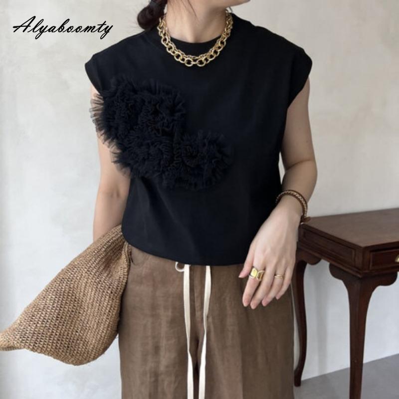 Korean Fashion Women Streetwear Sleeveless Top O Neck Black White Gray Floral T-Shirt Stylish Ladies' Basic Solid Tee