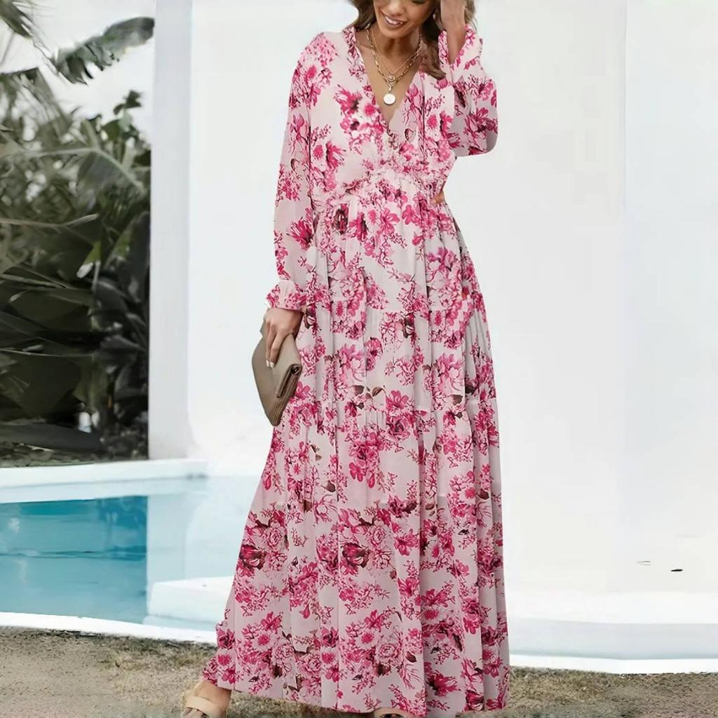 Элегантные Свободные Платья Макси с Принтом Весна Женские V-образный Вырез Пуловер Длинные Рукава Платье Высокая Талия Повседневное Платье Длины до Щиколотки