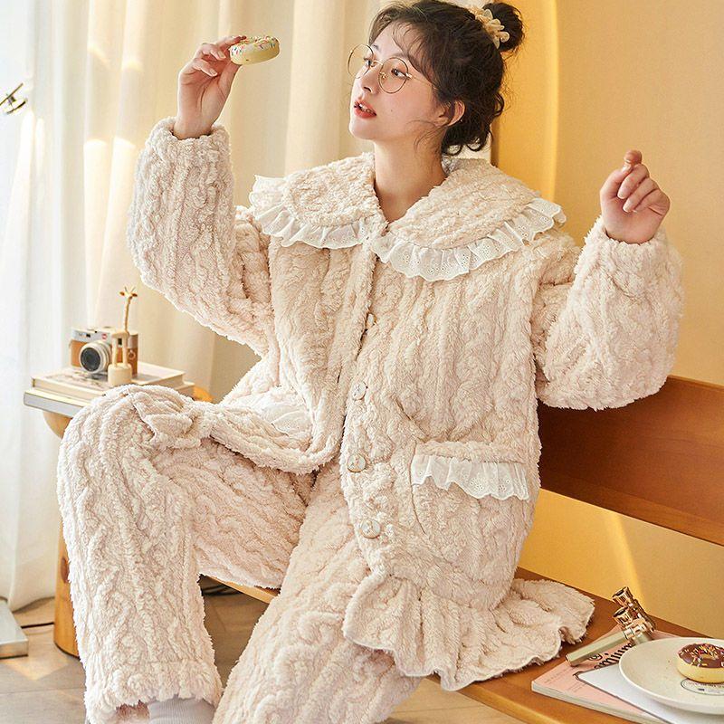 New Coral Fleece Pajamas Women's Autumn and Winter Pajamas Three Layers Thickened Plush Home Clothes Warm Cotton Home Clothes Set