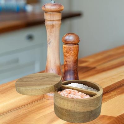 Деревянная солонка из акации, Солонка с вращающейся съемной магнитной крышкой, Круглая емкость для хранения соли, перца или специй (коричневый) (ZewellS09)