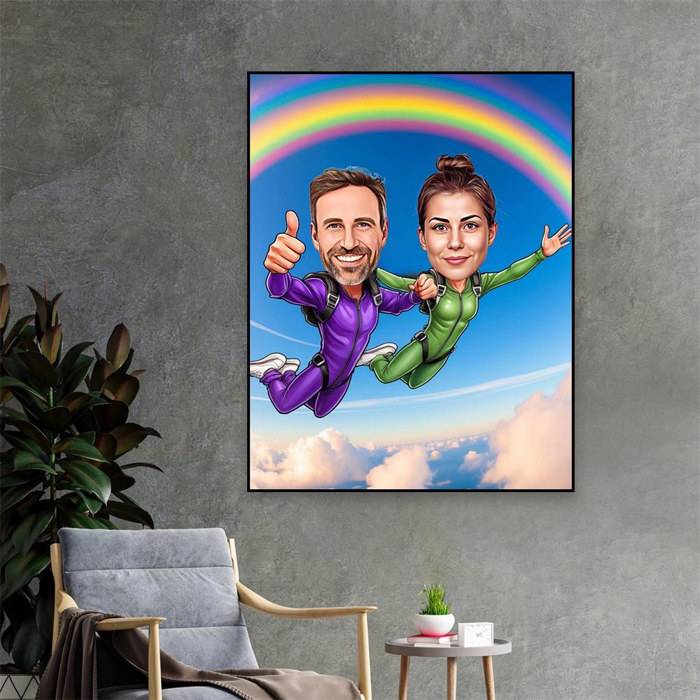 Funny Love Couple Cartoon Portrait Poster Sports Skiing Running Hiking Caricature Portrait Prints Personalized Canvas Painting