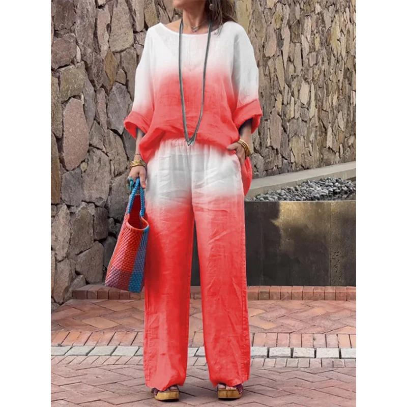 Женский летний градиентный свободный костюм, офисный костюм, удобный свободный круглый вырез, длинный рукав + длинные брюки, комплект из двух предметов