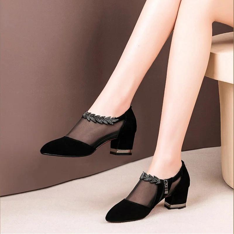 Fashion Women Shoes Sexy Black Hollow Mesh Pointed Heels Female Elegant Flower Shaped Rhinestone Ornament Footwear Ladies 35-43