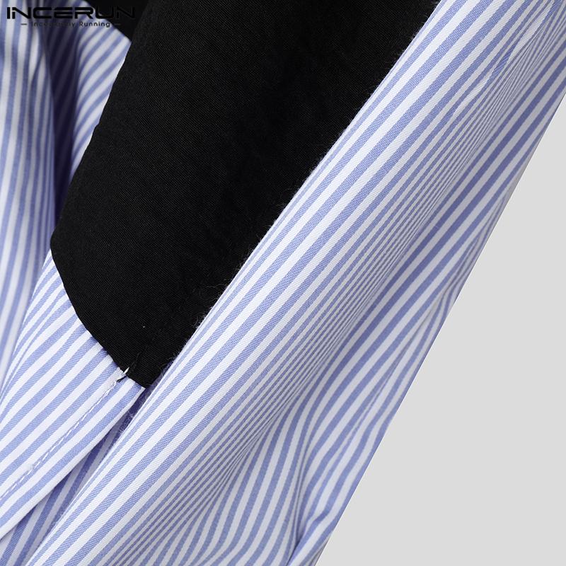 INCERUN Men V Neck Long Sleeve Front Cross Striped Patchwork Casual Irregular Shirts Tops