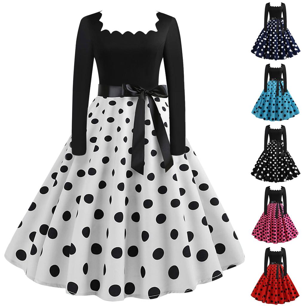 Women's Polka Dot Print Long Sleeve Dress Cutout Party Casual Square Neck Dress