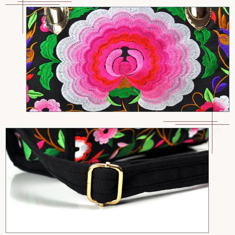 Bohemian Women Floral Embroidered Canvas Handbag Vintage Ladies Casual Ethic Boho Shopping Zipper Shoulder Travel Bag