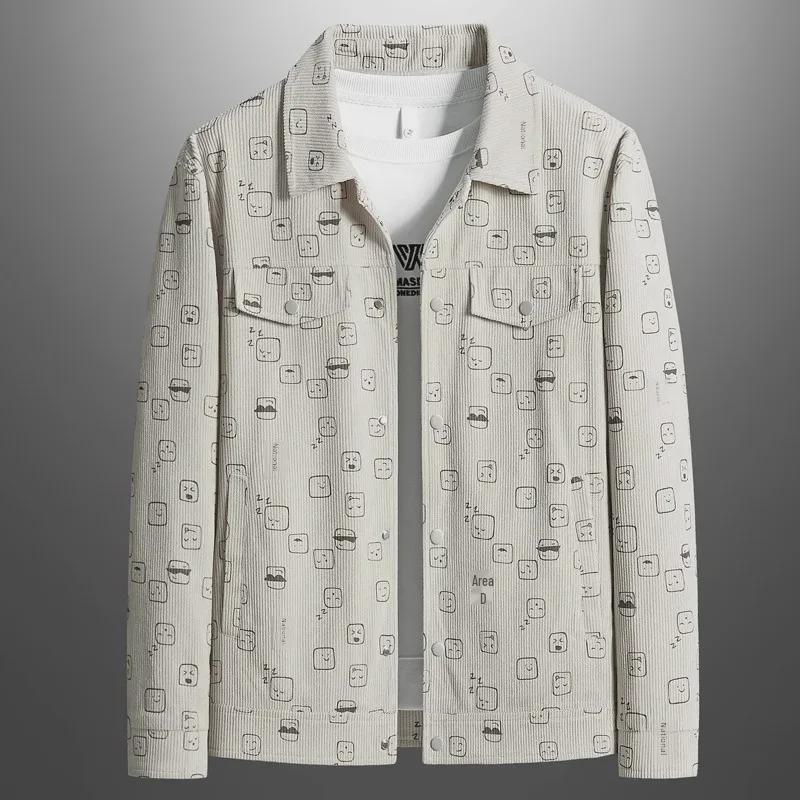 Men's Spring/Autumn Corduroy Lapel Jacket - Fashionable, Casual, Full-Print, Large Sizes Available.