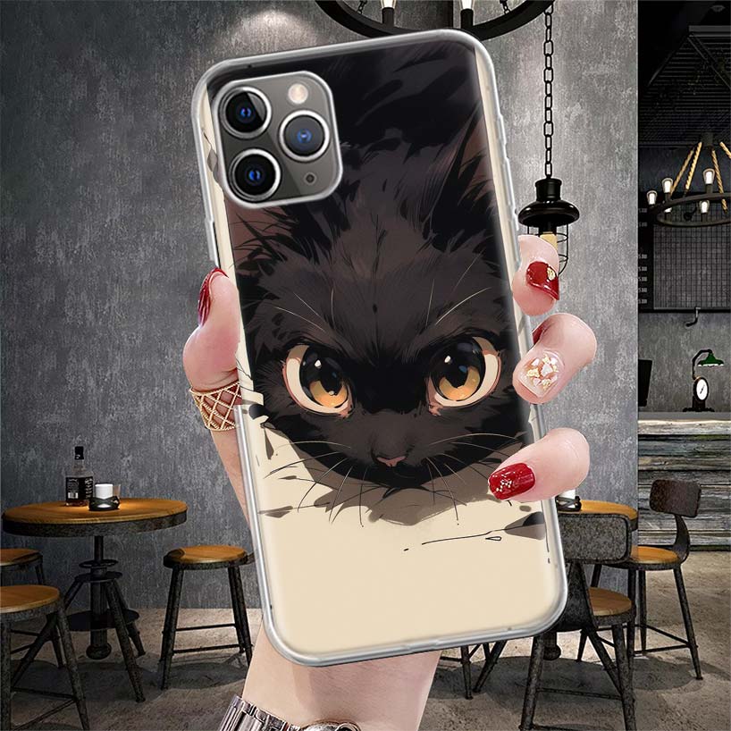 Аниме Милый Черный Кот Мяу Мягкий Чехол Для Телефона Для IPhone 11 17 Air 16E 16 Pro Max 15 + 14 Plus 13 Mini 12 Apple 7 SE 8 Fundas Coque