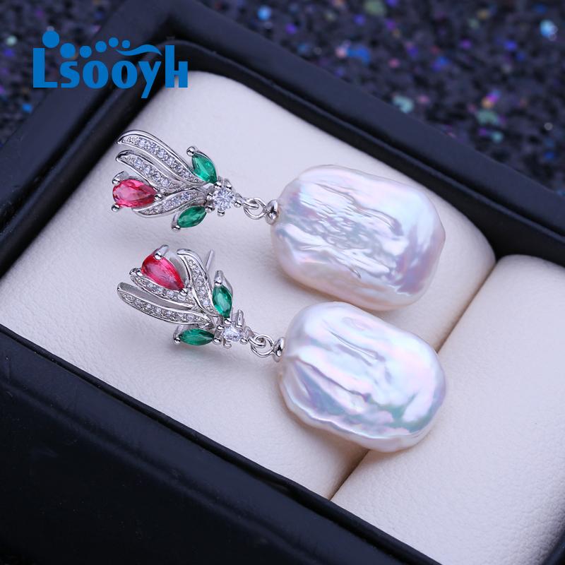 LSOOYH Natural Freshwater White Big Baroque Pearl Earrings For Women Fashion Cultured Pearls Silver Color Hoop Earrings Wedding Jewelry
