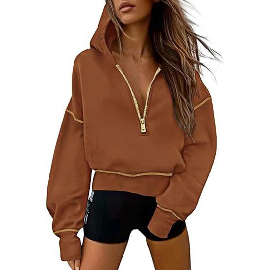 Women Short Sweatshirt Solid Color Long Sleeve Pullover Hooded Sweatshirt Loose Fit Zipper Half Placket Tops