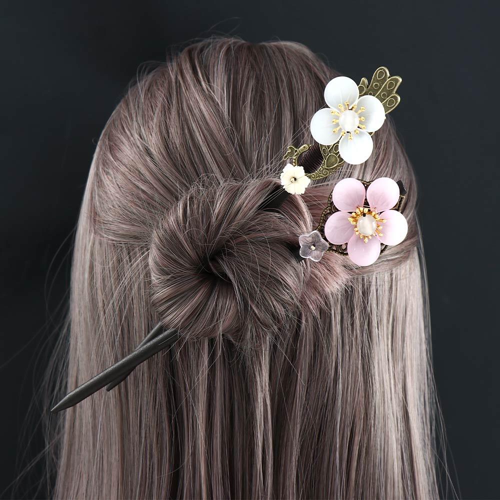 Girls Glaze Flower Chinese Style Female Antique Hairpin Han Costume Accessories Wooden Hair Stick