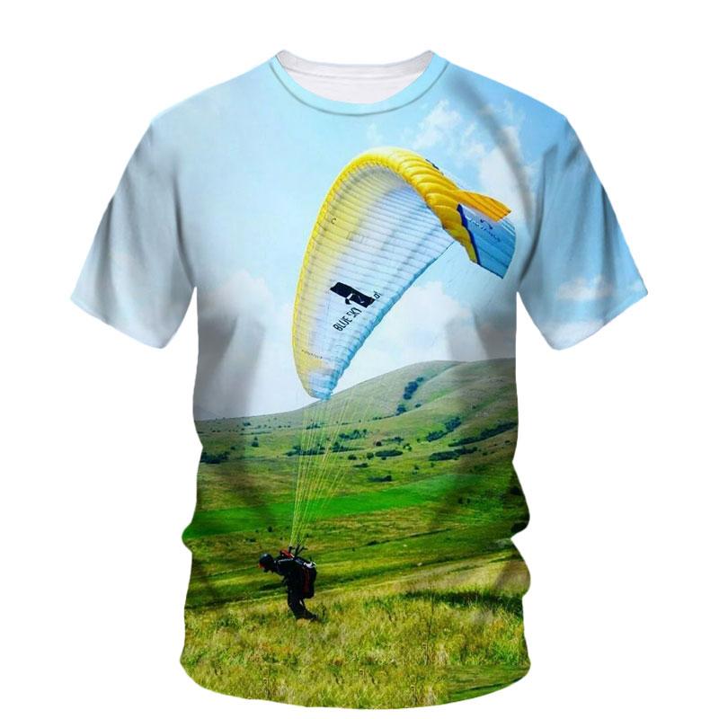 3D Parachute Paraglider Printed Casual Short Sleeved Children's Boy T-shirts  - Soft Medium Stretch Fabric Spring and Autumn Relaxed Fit Clothing
