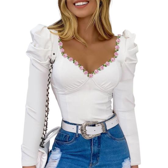 Женские топы с квадратным воротником, пышная футболка с длинным рукавом, цветочный декор, сплошной цвет, приталенная футболка