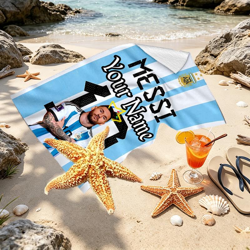Custom Name Personalized Lionel Messi Print Beach Towel, for Trip Camping Beach Party Home Decor, Birthday Gift for Family & Friends
