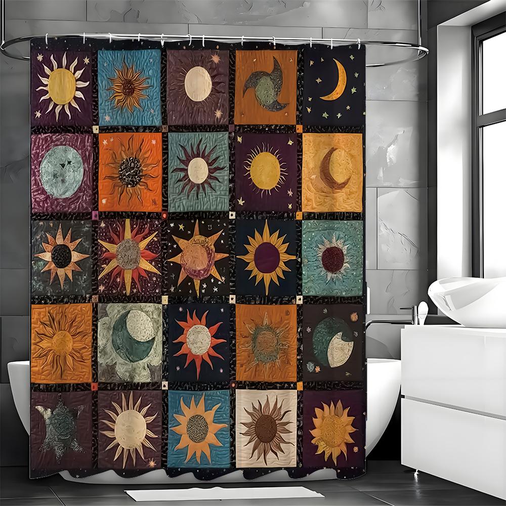 Sunflower Sun Moon Collage Shower Curtain, Bathroom Decorative Shower Curtain, Waterproof Shower Curtain with Hooks