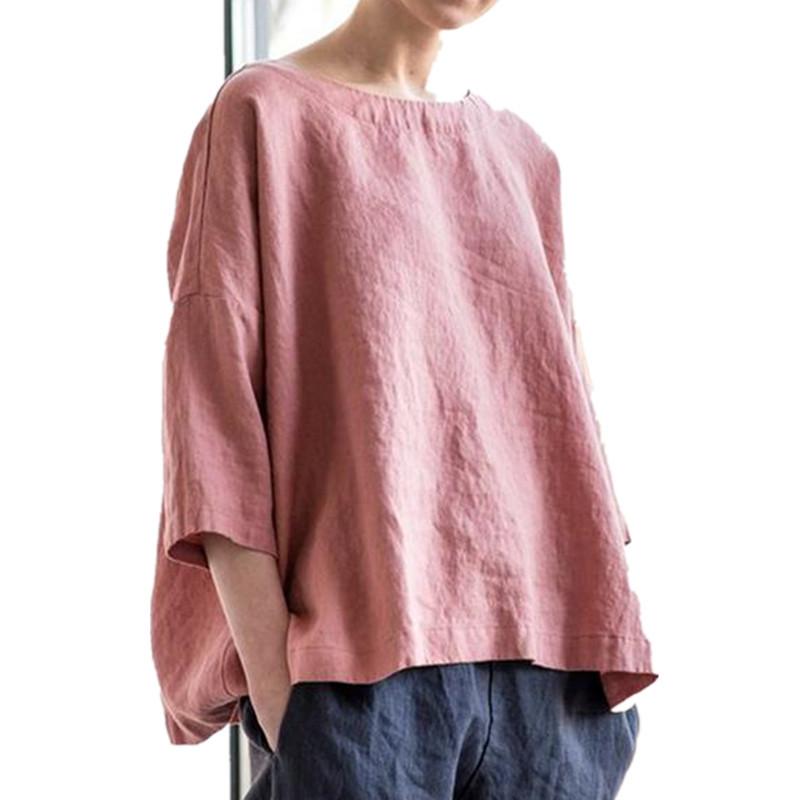 Summer Women's Round Neck T-shirt Cotton and Linen Loose Top Retro Three-quarter Sleeve Blouse Top