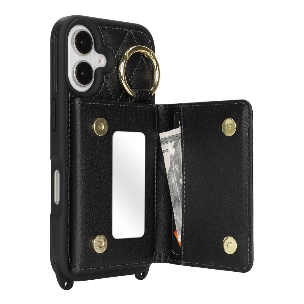 For iPhone 16 Case with Lanyard/Mirror/Card Holder Grids Pattern RFID Blocking Phone Cover