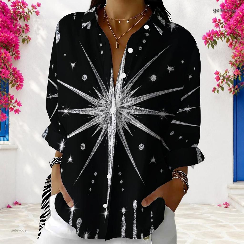 Women Plus Size Collared Neck Long Sleeve Button Front Printed Black Green Gold Shirt