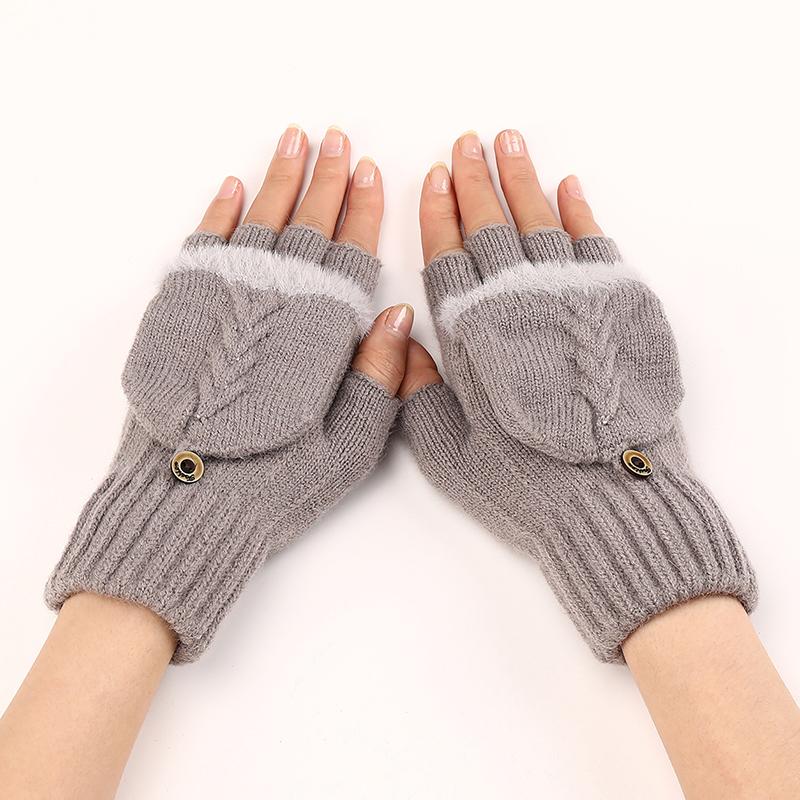 Fingers Free Wool Gloves Women Knitted Flip Fingerless Exposed Finger Gloves Mittens Winter Warm Thickening Female Mitts