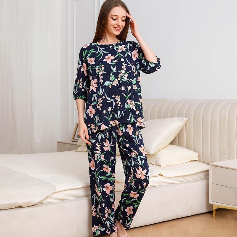 1011 new cotton pajamas women's summer thin five-quarter sleeve trousers loose large size high-end comfortable loungewear
