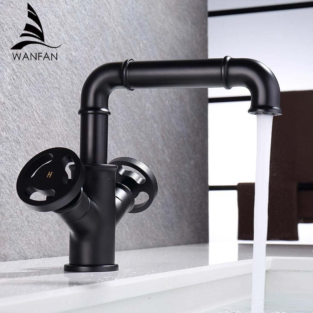 Basin Faucets Black Brass Bathroom Faucets Industrial Style Sindle Hole Dual Handle Contemporary Water Mixer Tap WF-F20A05KP