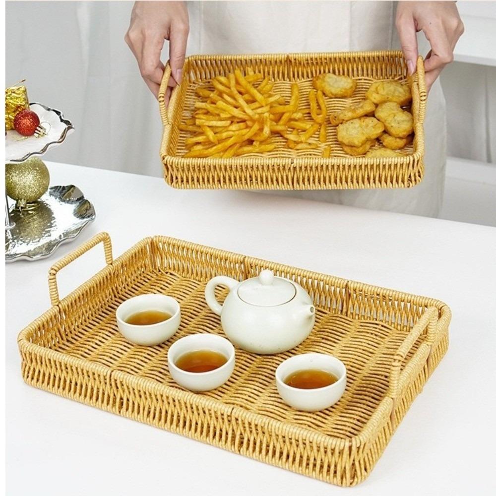 Handwoven Wicker Serving Tray Woven Handheld Plastic Rattan Storage Tray Kitchen Storage