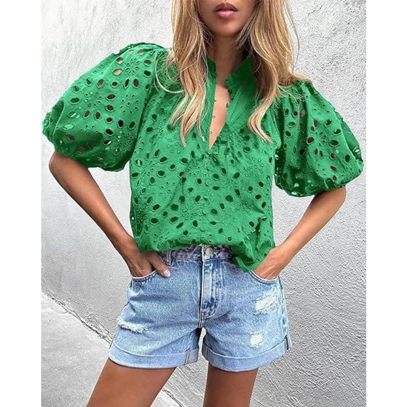 DAFIFY Women's Fashion Casual Summer Spring Solid Color Print 1/2 Sleeves V-Neck Blouses & Shirts