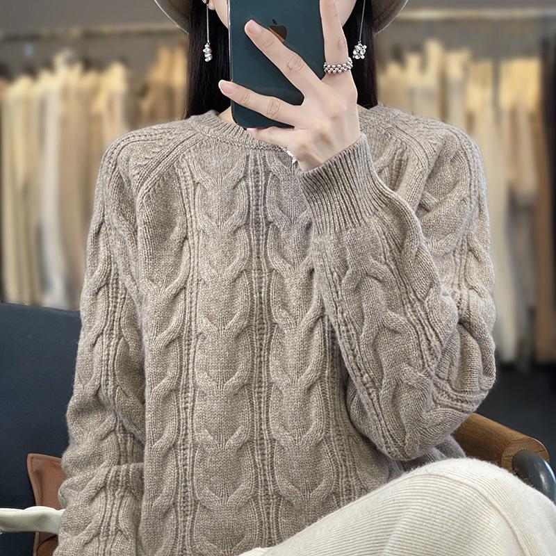 Women's Twisted Cable Knit Wool Sweater - Round Neck, Slim & Loose Fit, Autumn/Winter Pullover