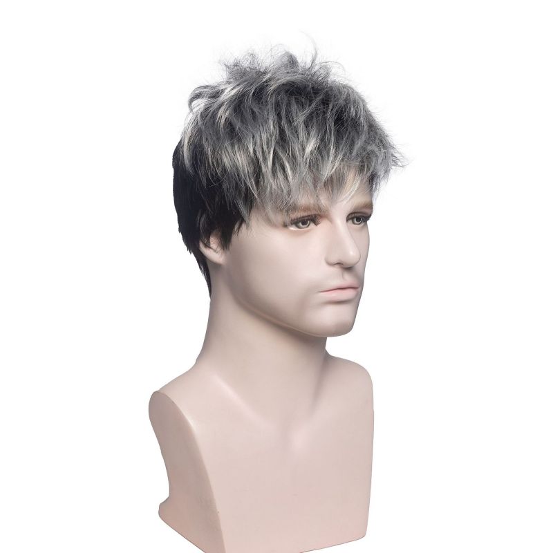 Synthetic Wig With Bangs Short Wigs Men Natural Straight Wigs Mixed Black Grey Mixed Wig Heat Resistant Fiber Wig Daily Use Cosplay
